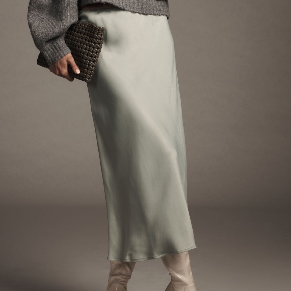 Anthropologie Mint Green Satin Midi Skirt